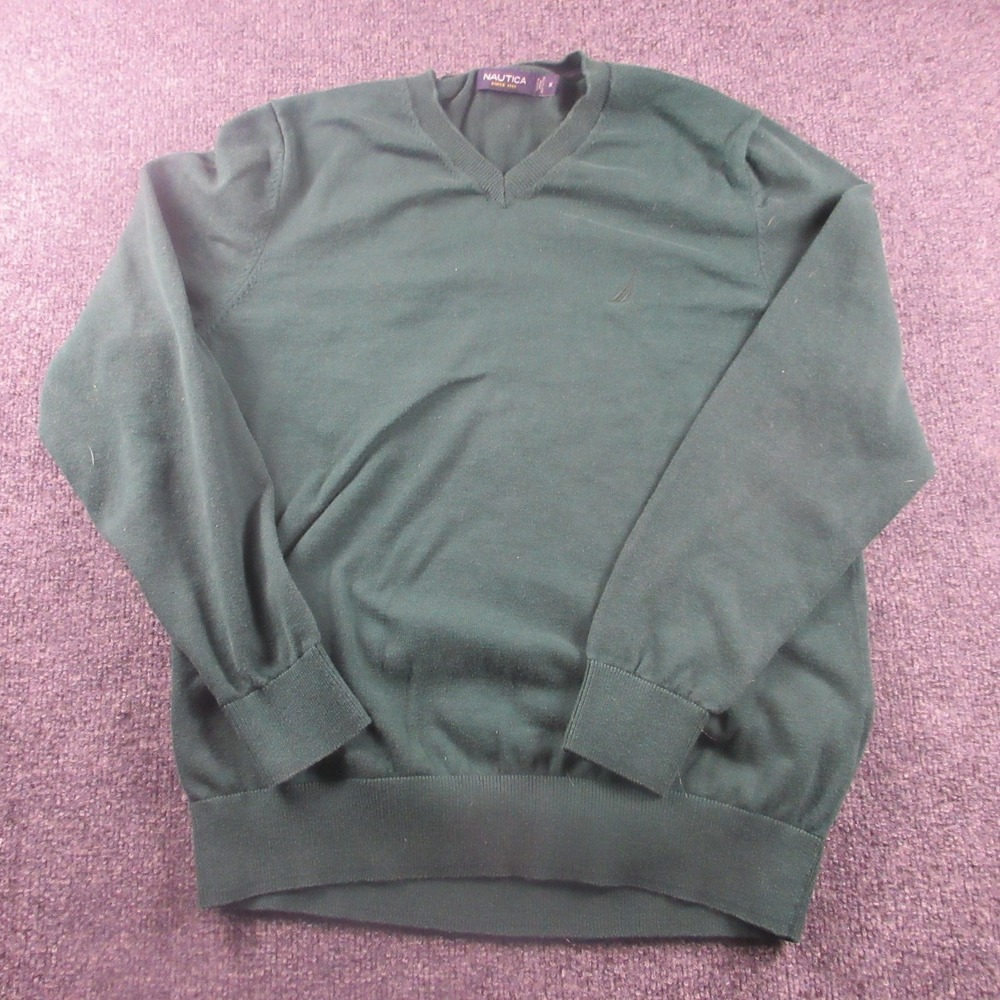 Nautica Sweater Mens Medium Green 100% Cotton V Neck Logo Pullover Knit Classic